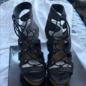 GUESS Black Lace-Up Cutout Wedge Heels